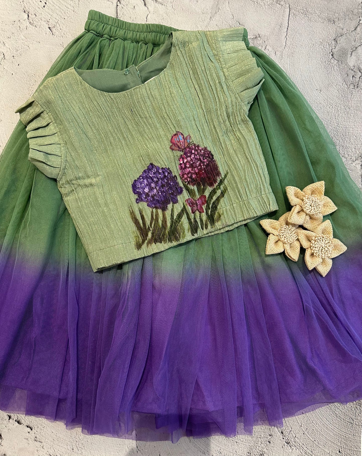Mint Purple Hydrangea Hand-Painted Skirt Set (3-4 years)