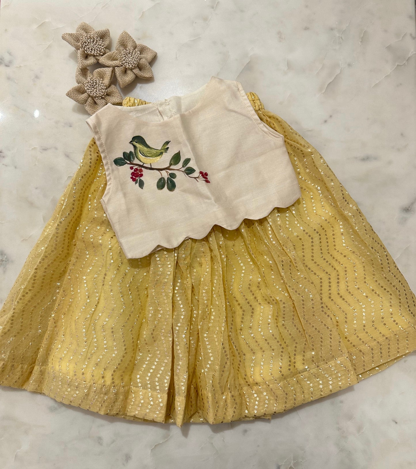 Singing sparrow hand painted skirt set - Yellow