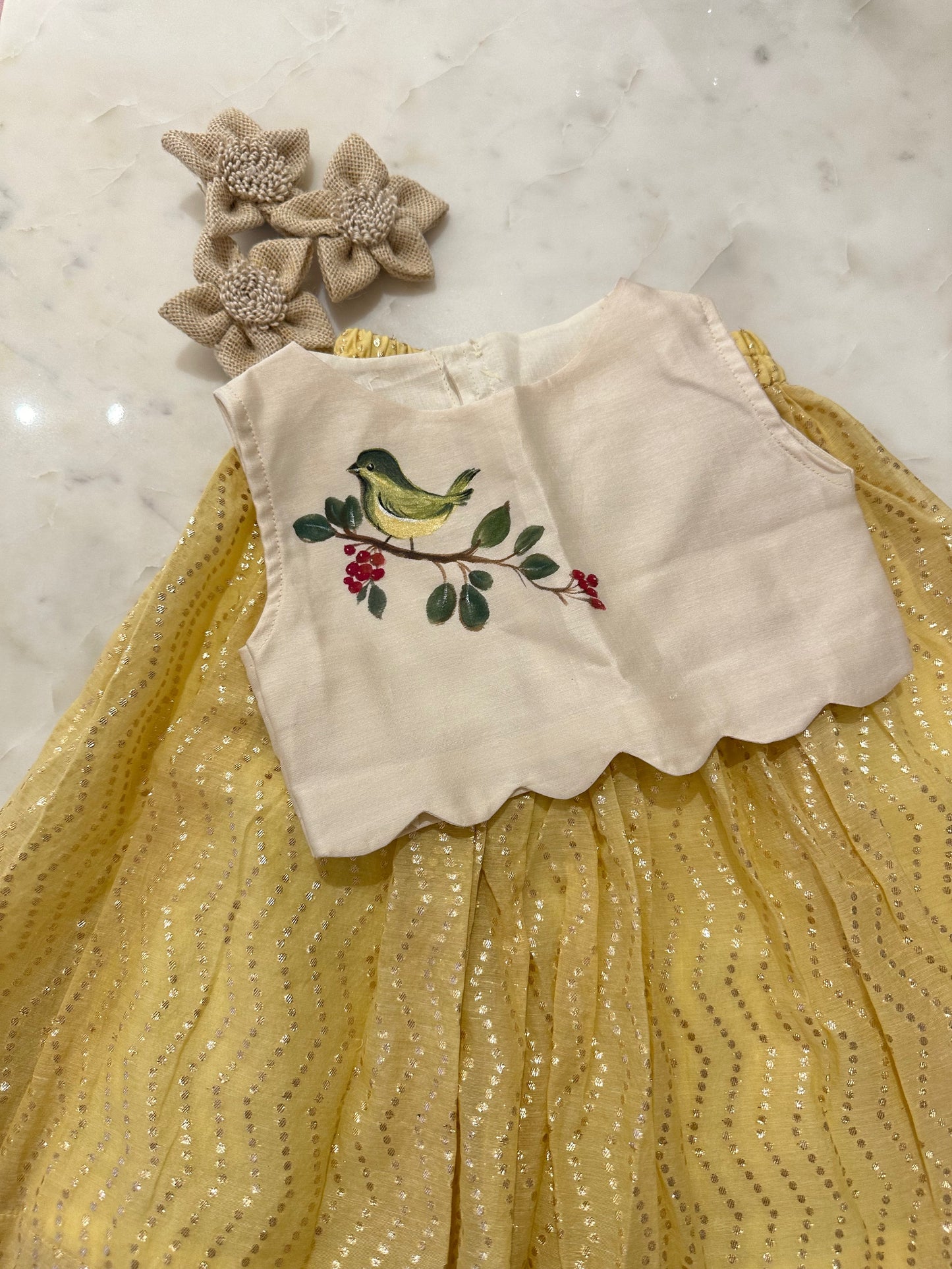 Singing sparrow hand painted skirt set - Yellow