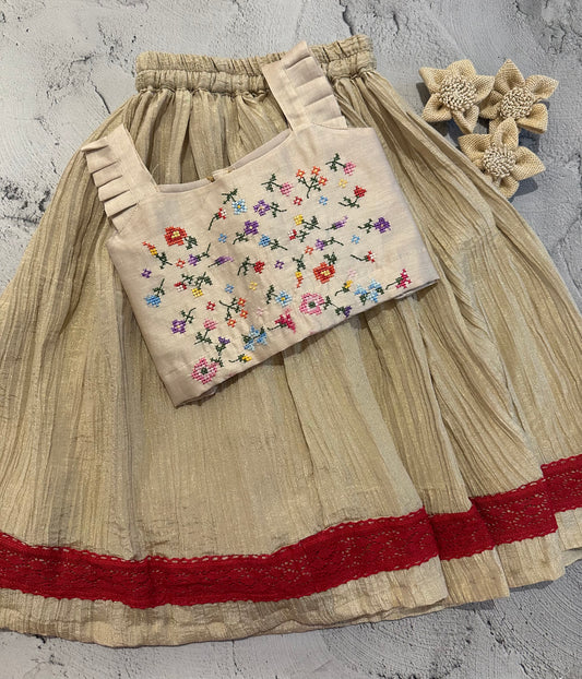 Crush tissue cross stitch floral skirt set