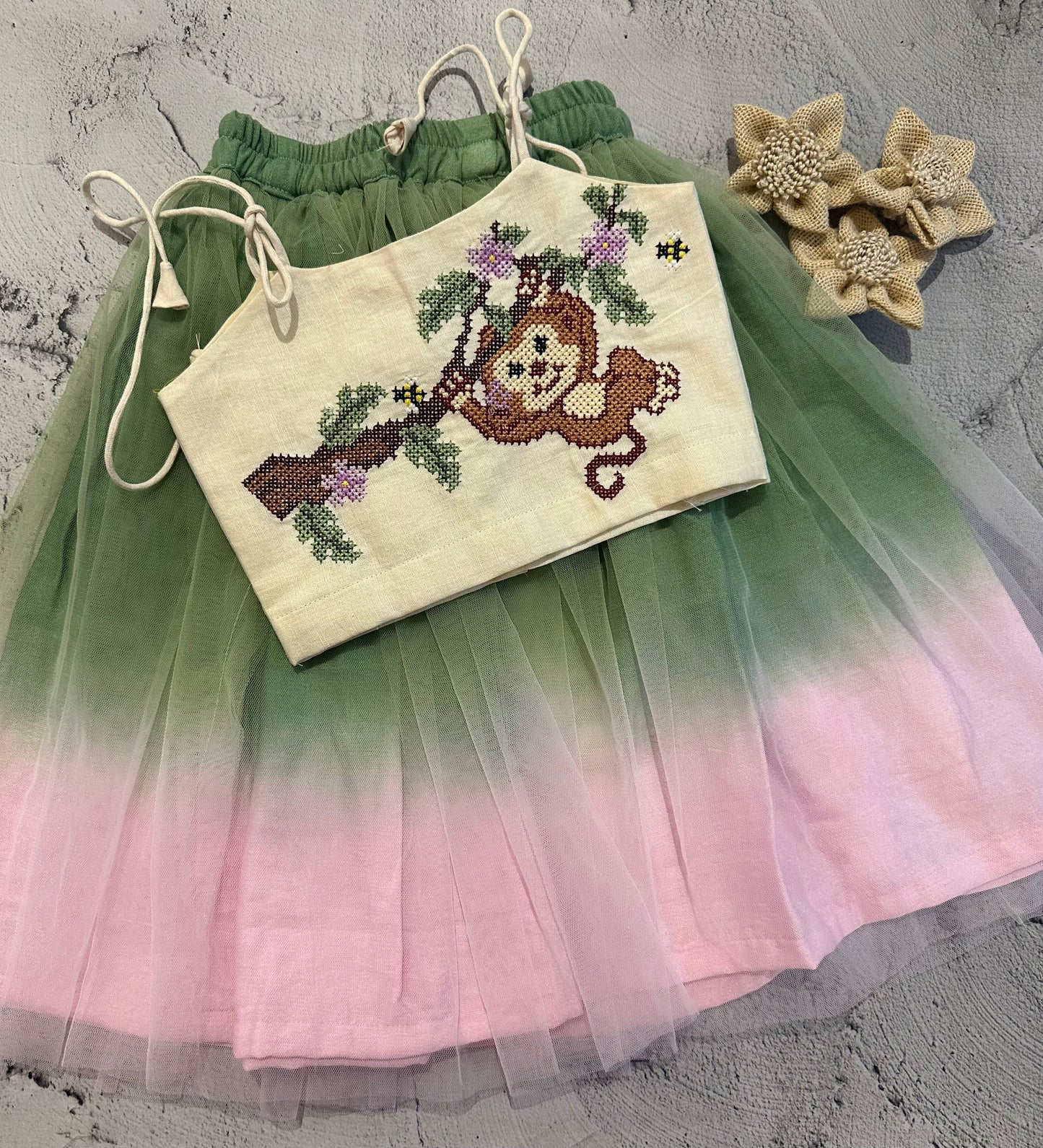 Monkey cross stitch skirt set