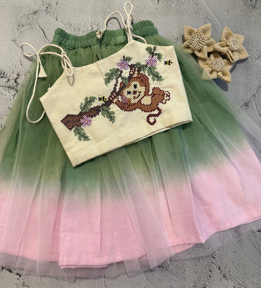 Monkey cross stitch skirt set
