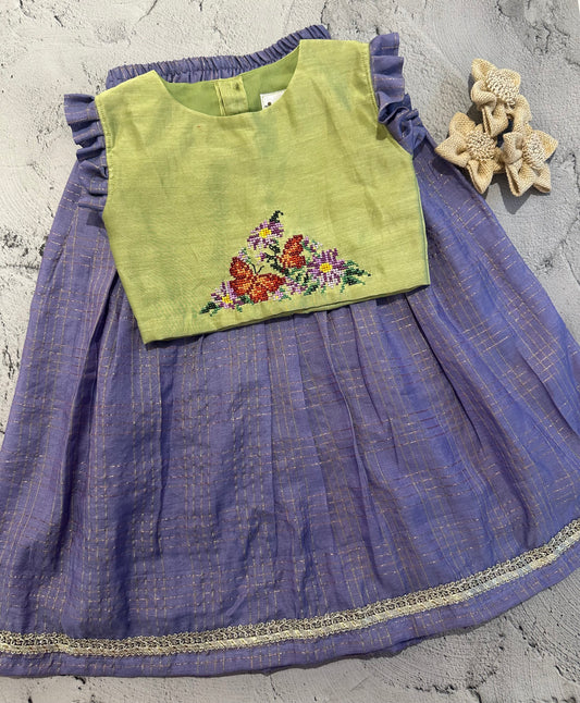 Lilac and green butterfly cross stitch skirt set