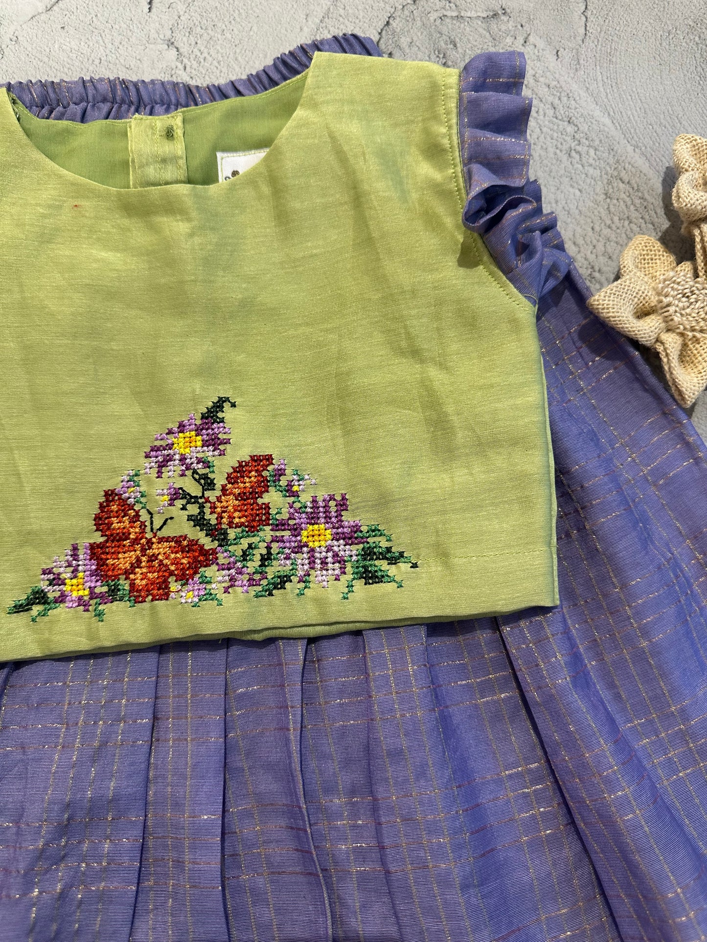 Lilac and green butterfly cross stitch skirt set
