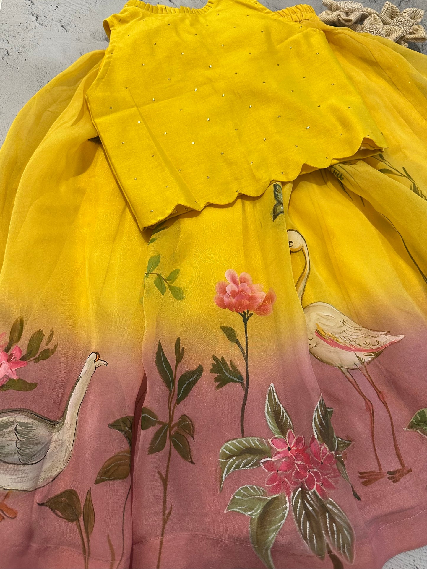 Flamingo garden organza ombré hand painted skirt