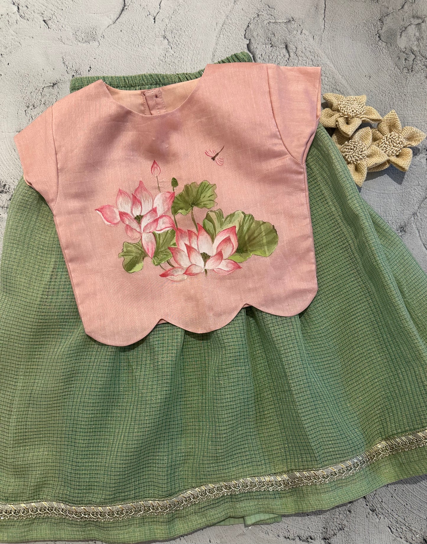 Lotus bloom chanderi hand painted skirt set