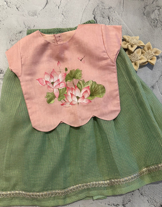 Lotus bloom chanderi hand painted skirt set