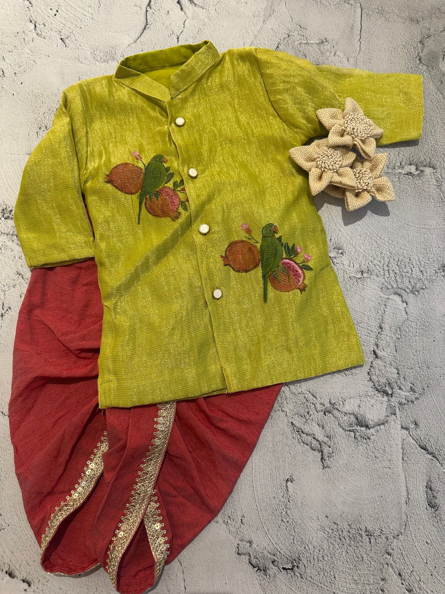 Parrot & Pomegranate Chanderi Tissue hand painted Kurta Set