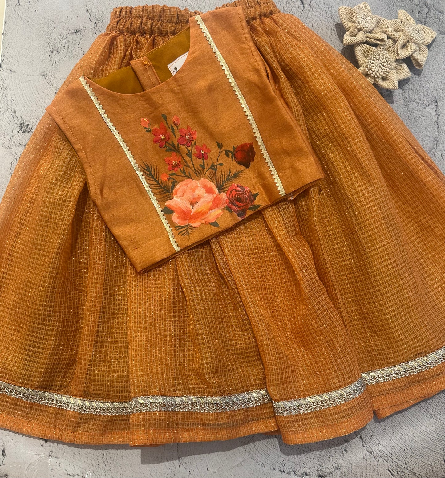 Orange floral bouquet hand painted skirt set