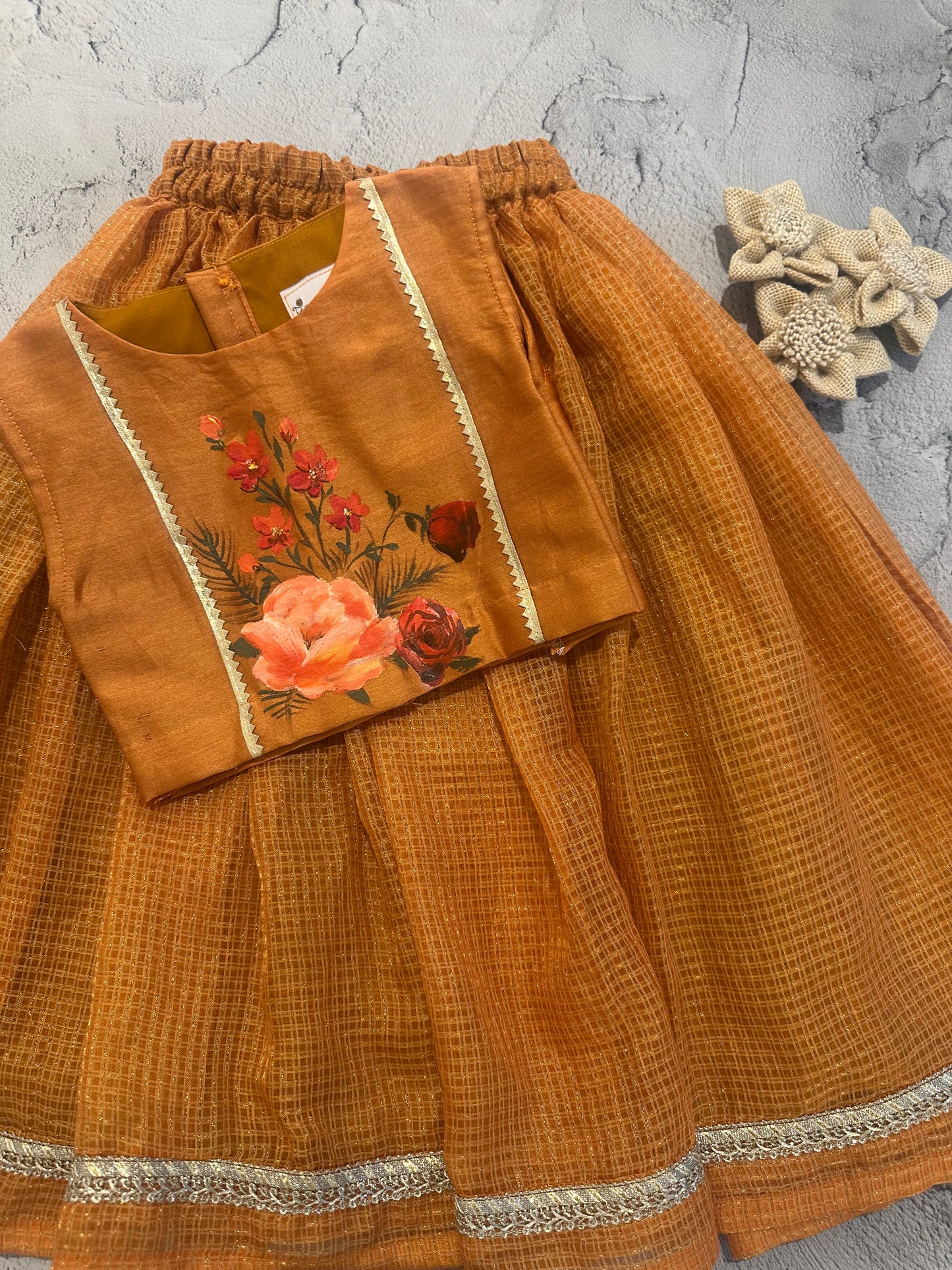 Orange floral bouquet hand painted skirt set