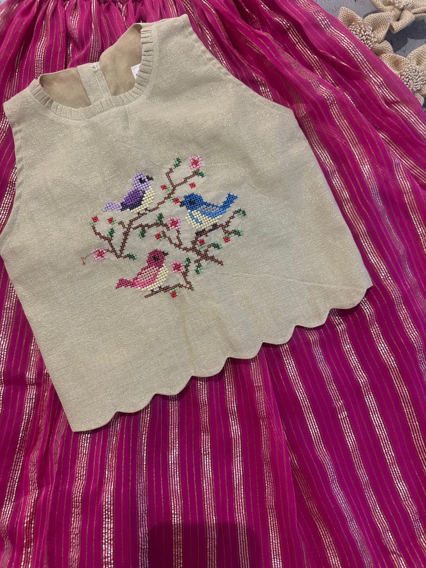 Flock of birds cross stitch skirt set in hot pink