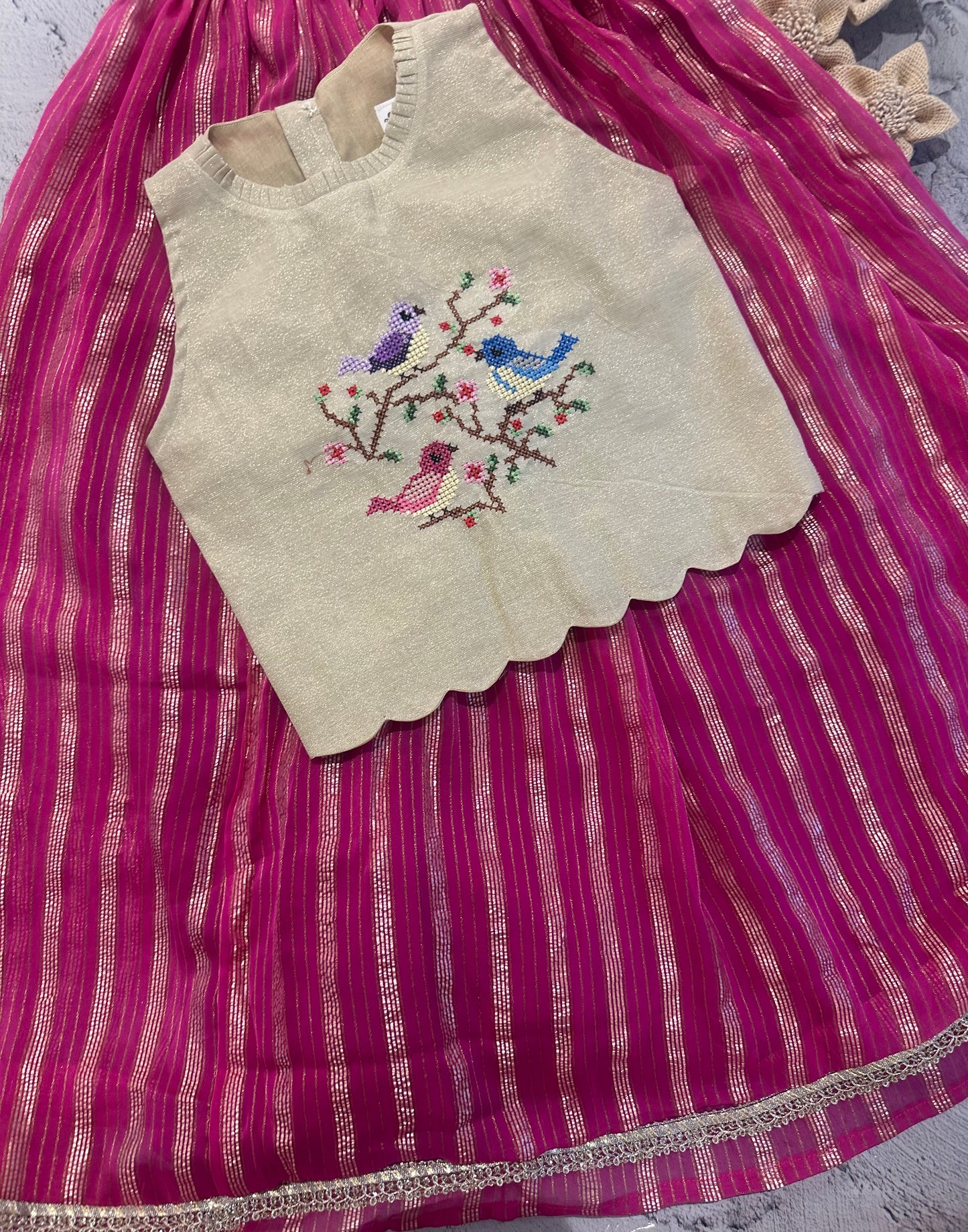 Flock of birds cross stitch skirt set in hot pink