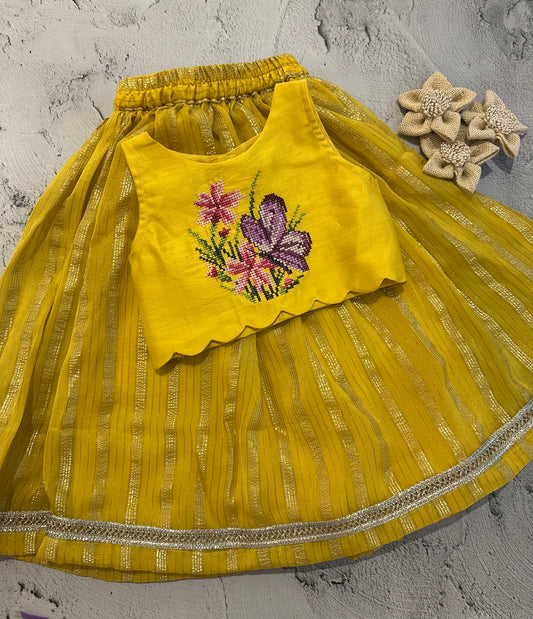 Butterfly cross stitch skirt set in yellow