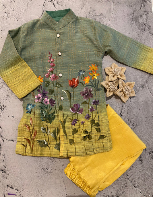 Floral checks ombré hand painted kurta set 1-2 years