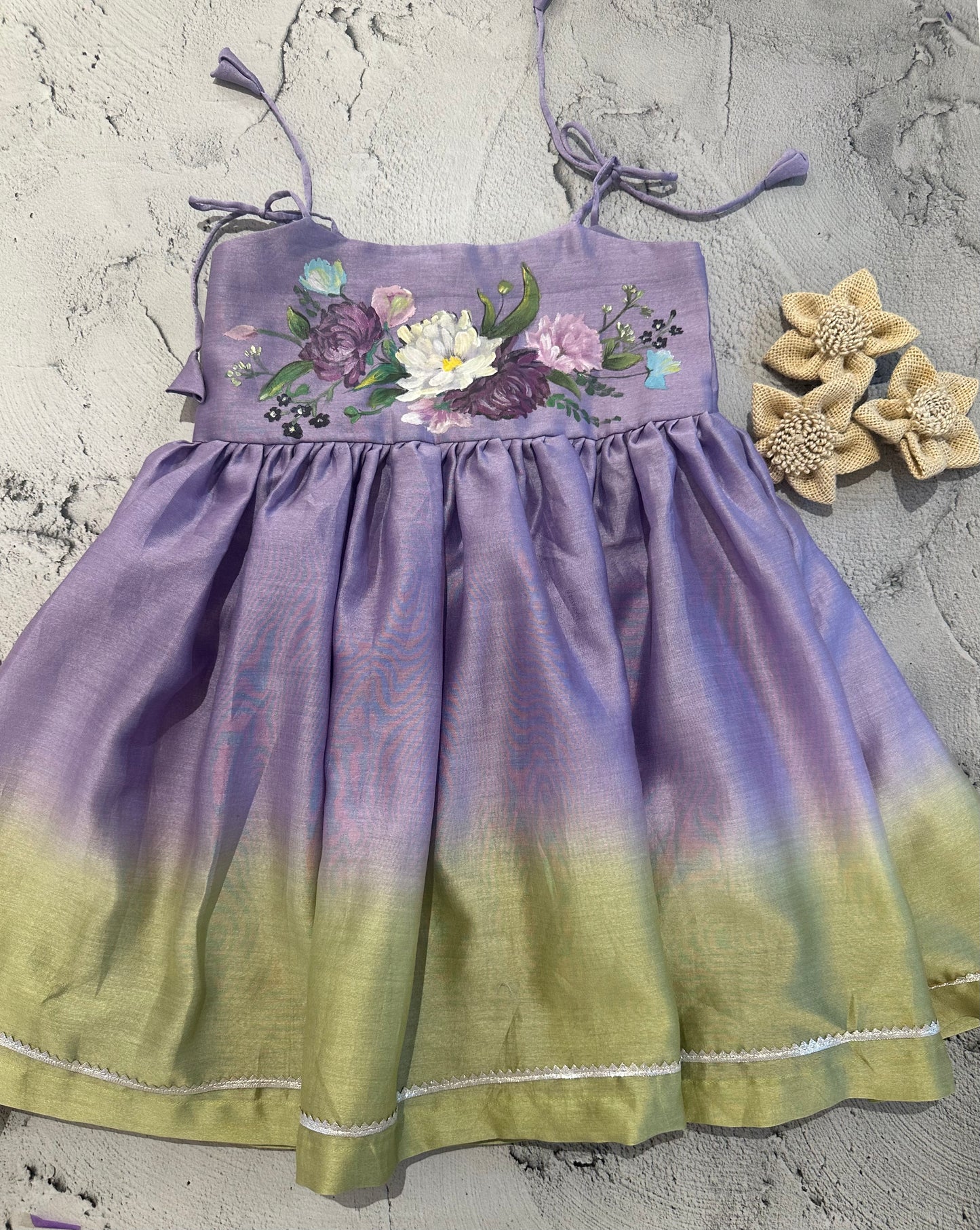 Lilac meadow chanderi floral hand painted dress