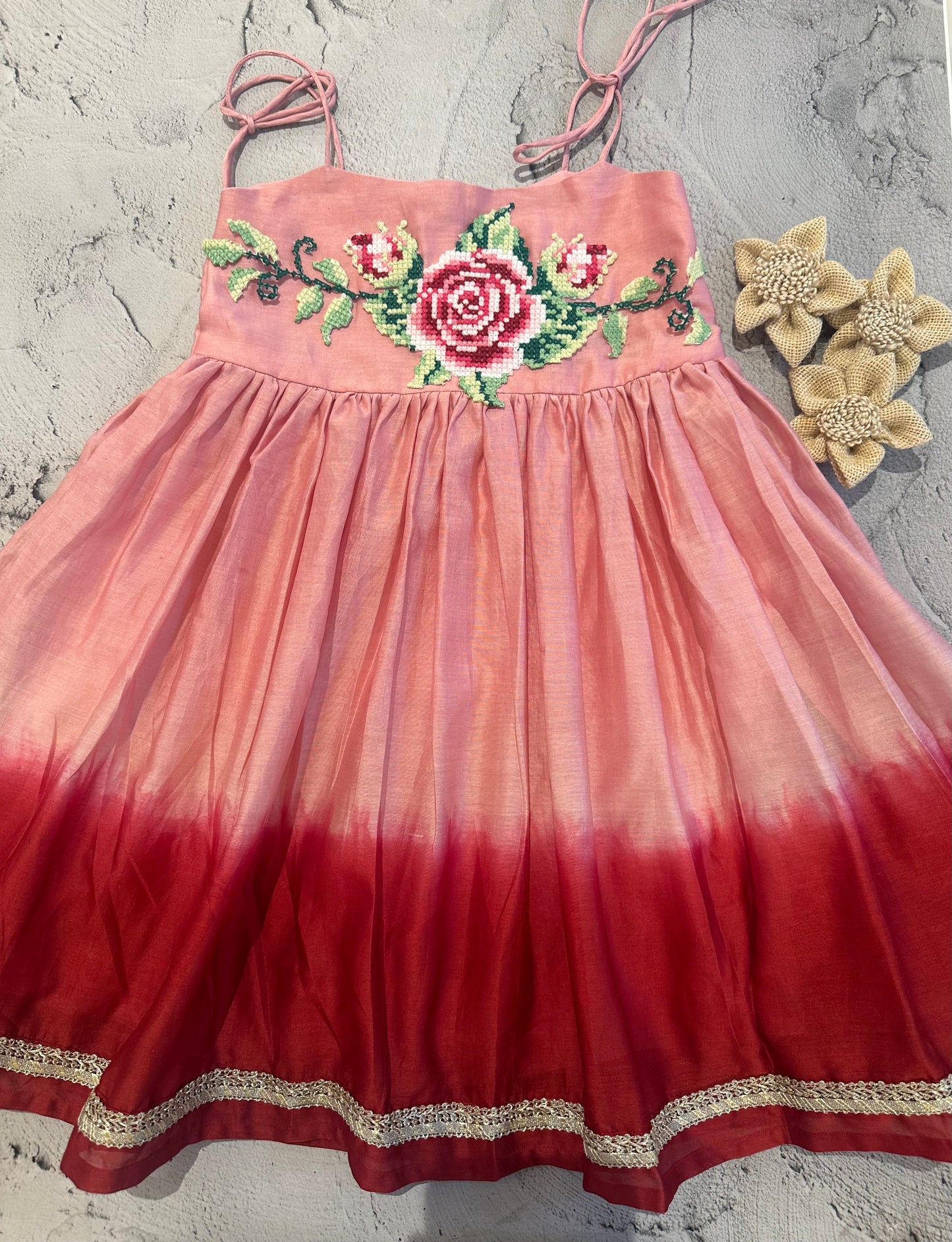 Pink and red ombré rose cross stitch tie dress