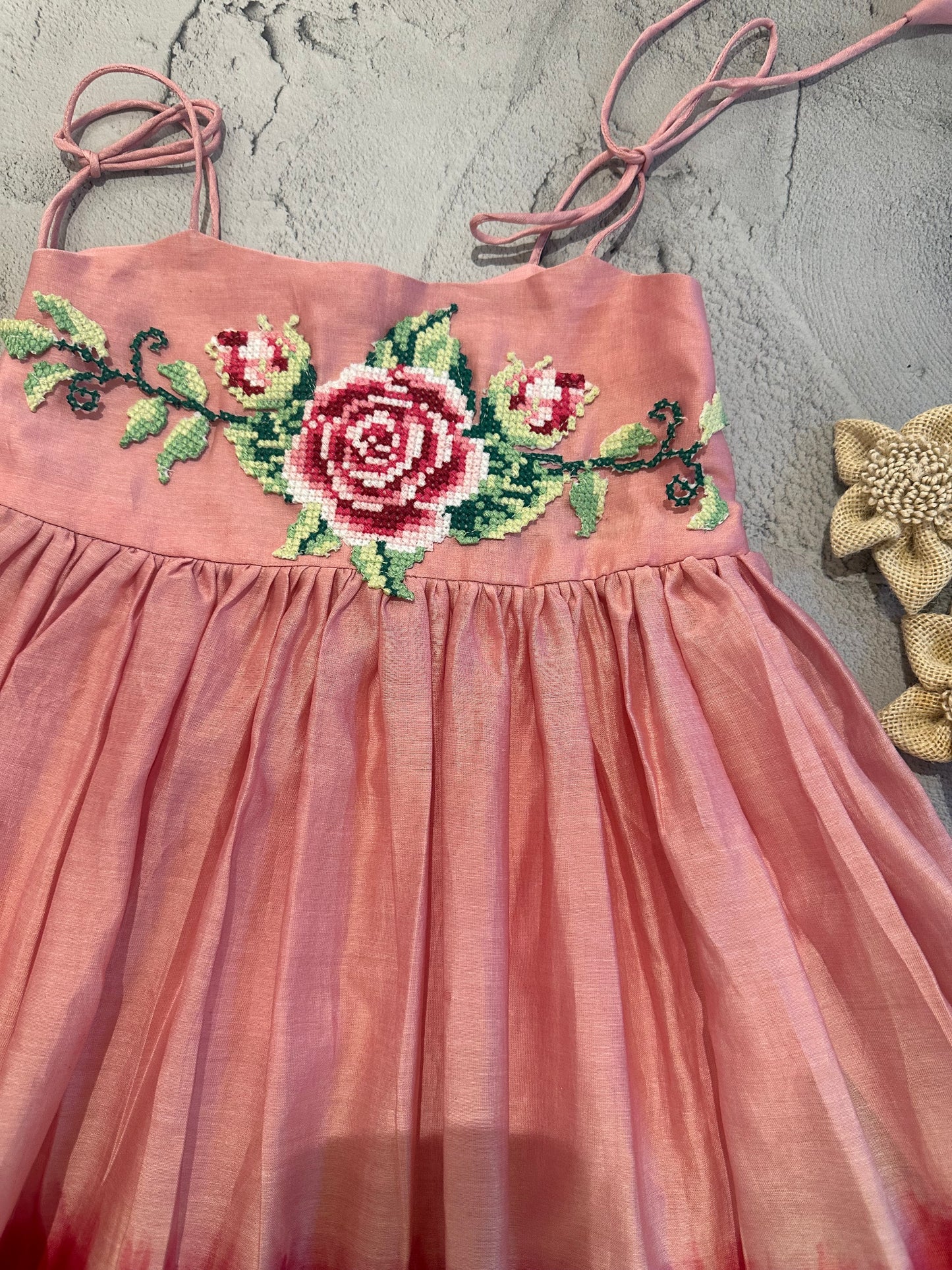 Pink and red ombré rose cross stitch tie dress