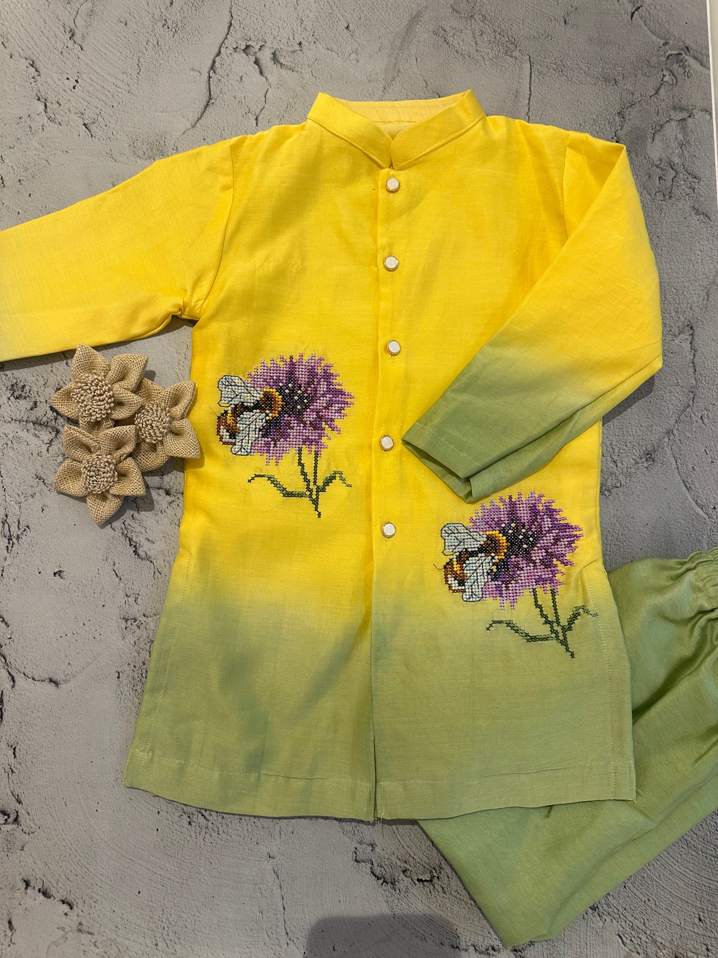 Yellow and green bee floral cross stitch kurta set (3-4 years)