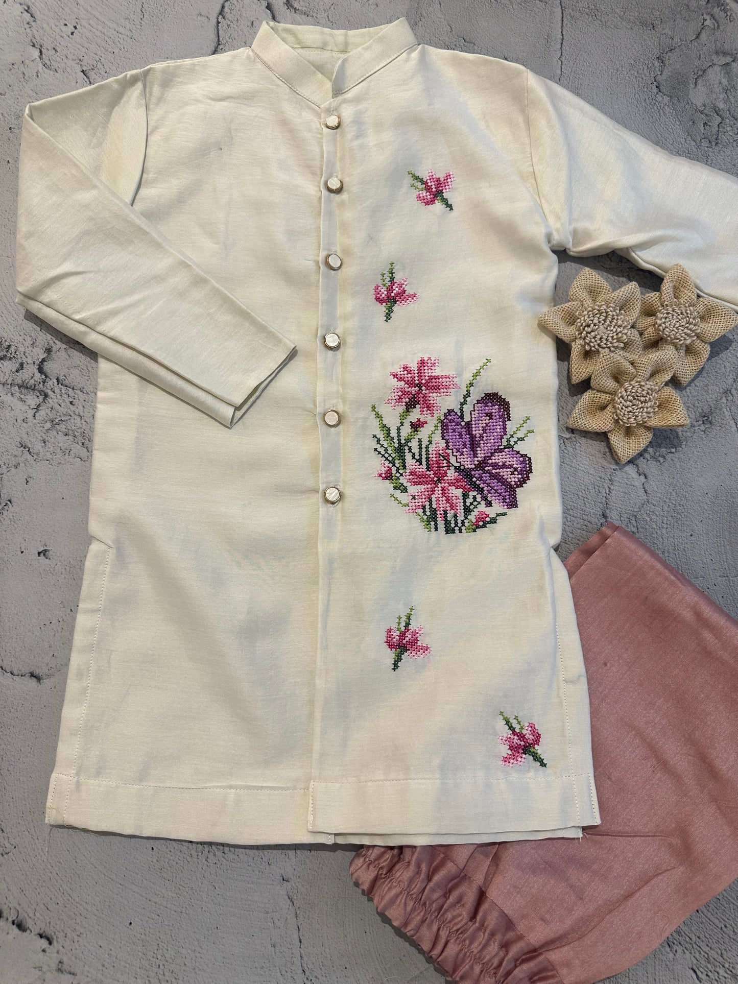 Off-White Butterfly Cross-Stitch Chanderi Kurta Set