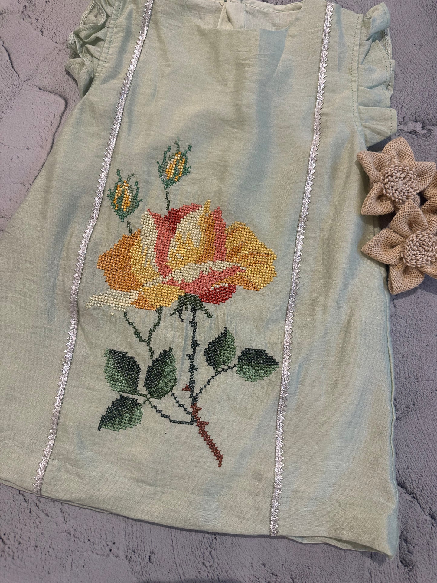 Mint floral cross stitch dress