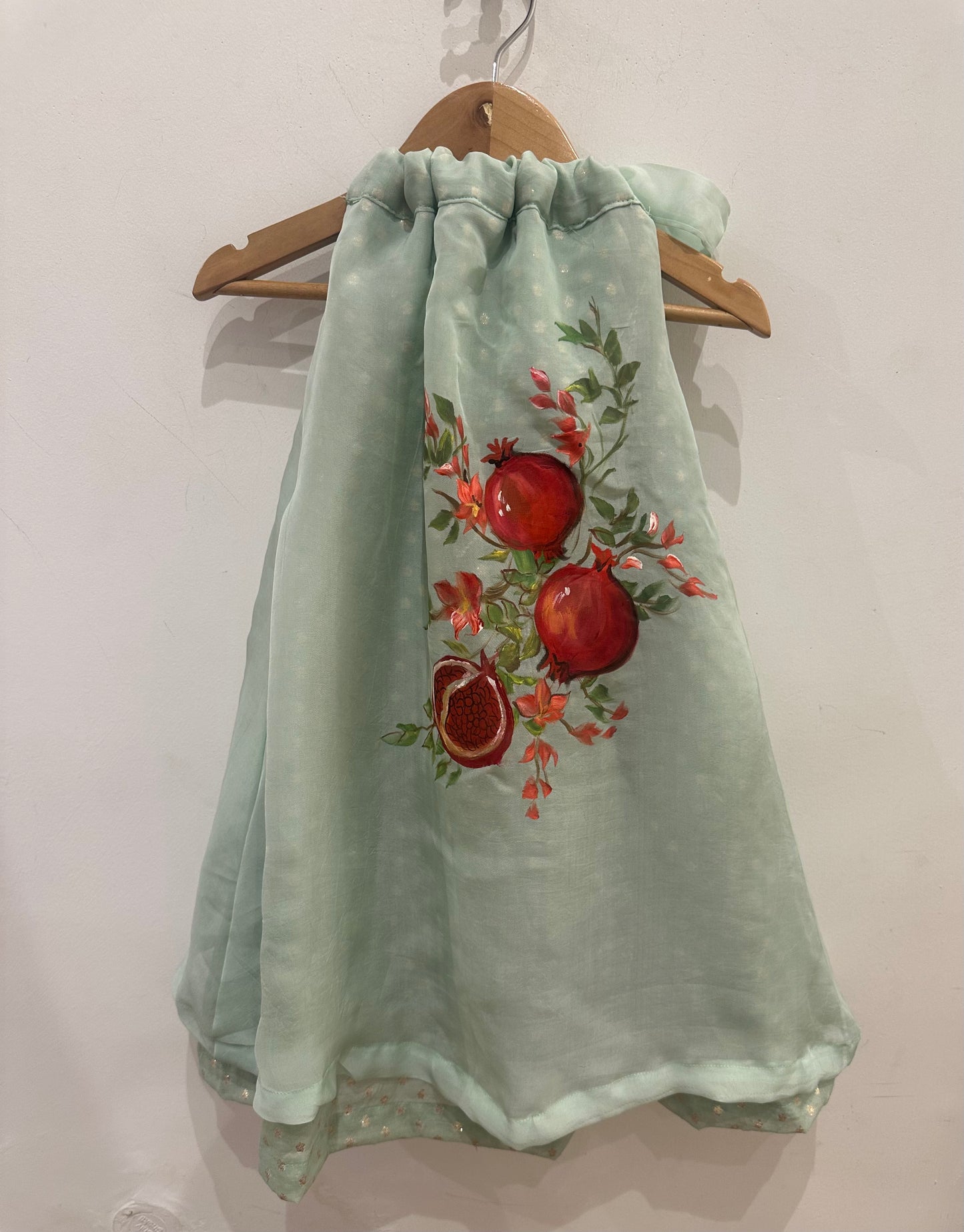Mint bird and pomegranate hand painted layer dress