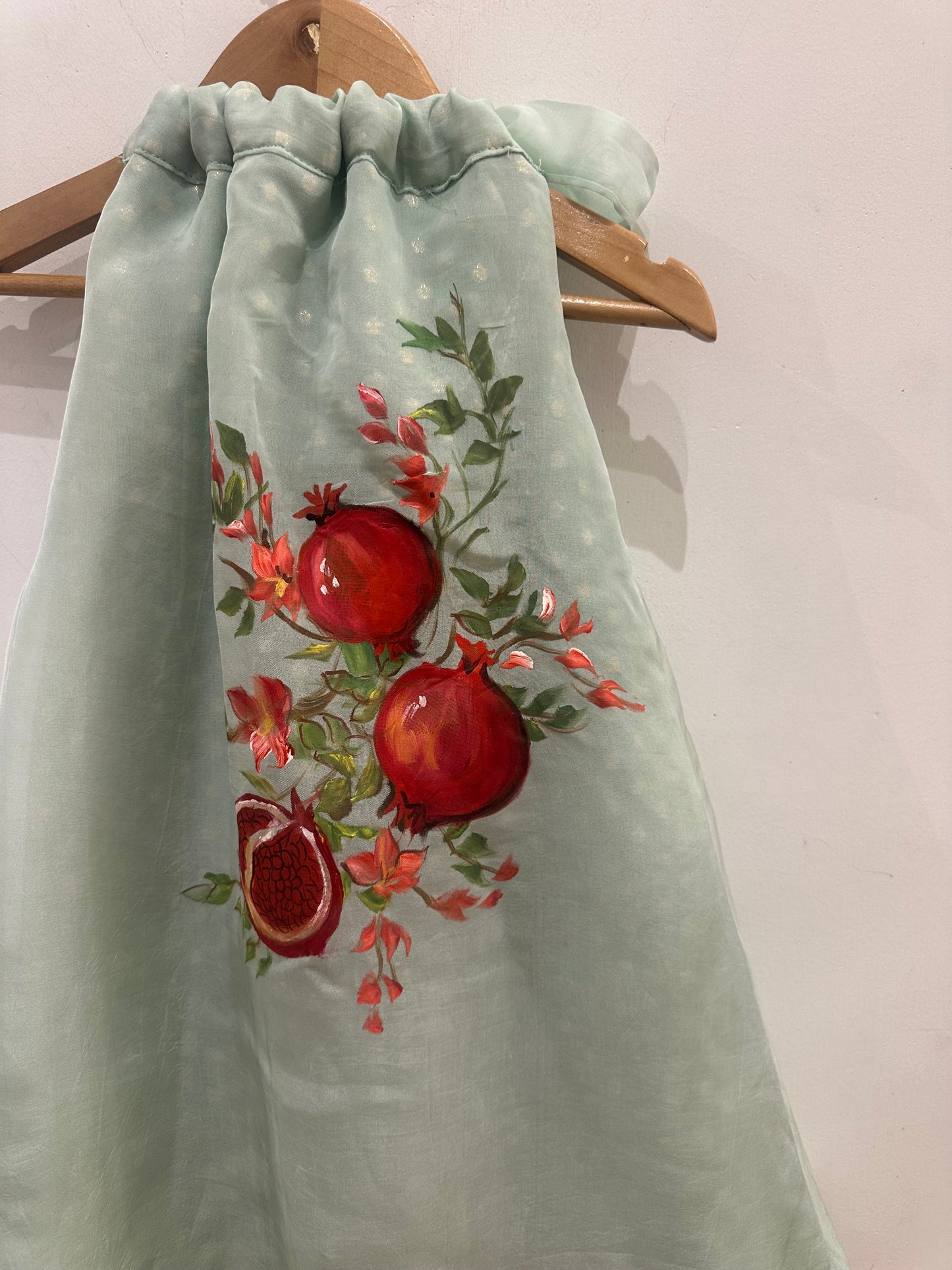 Mint bird and pomegranate hand painted layer dress