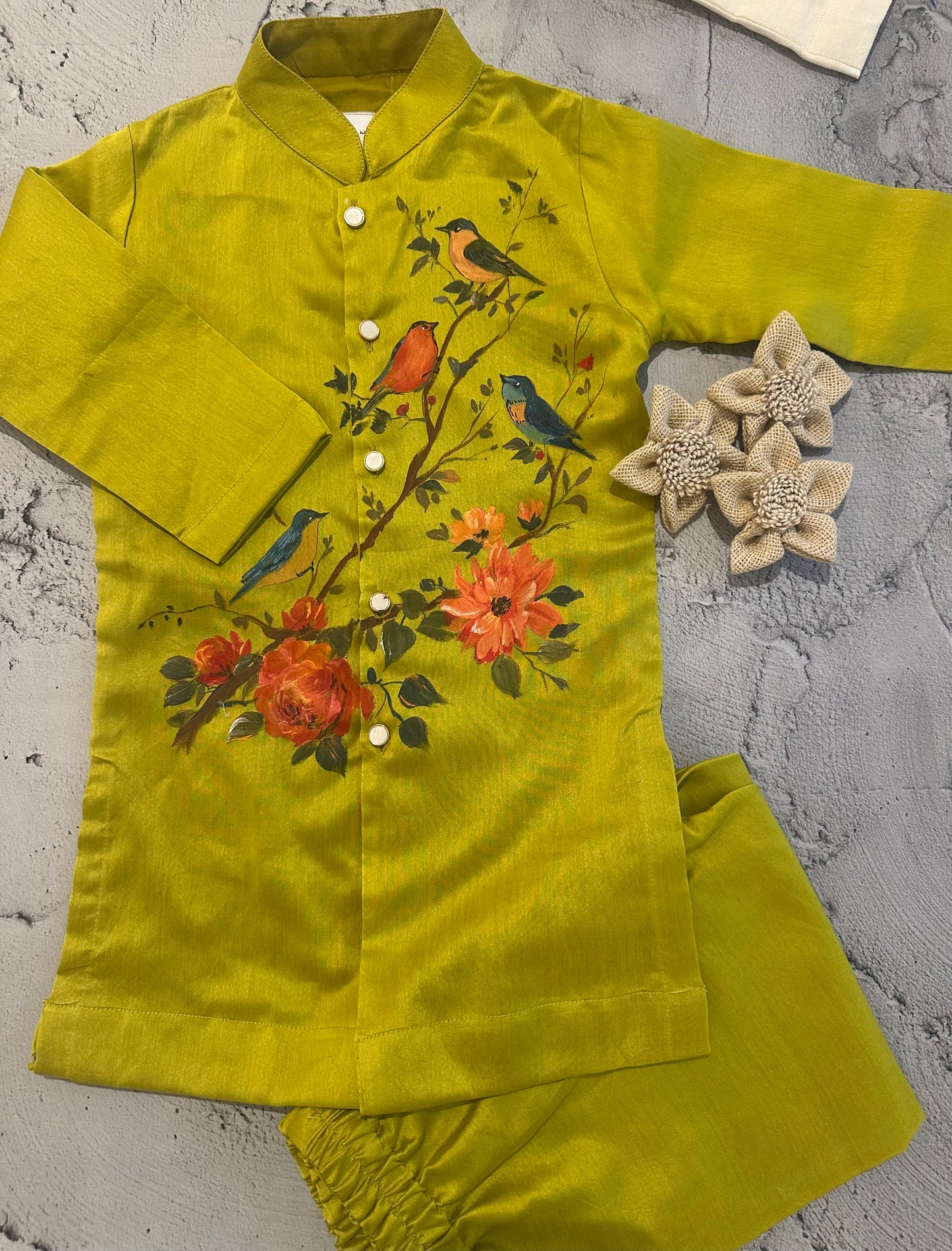 Lime green birds hand painted kurta set