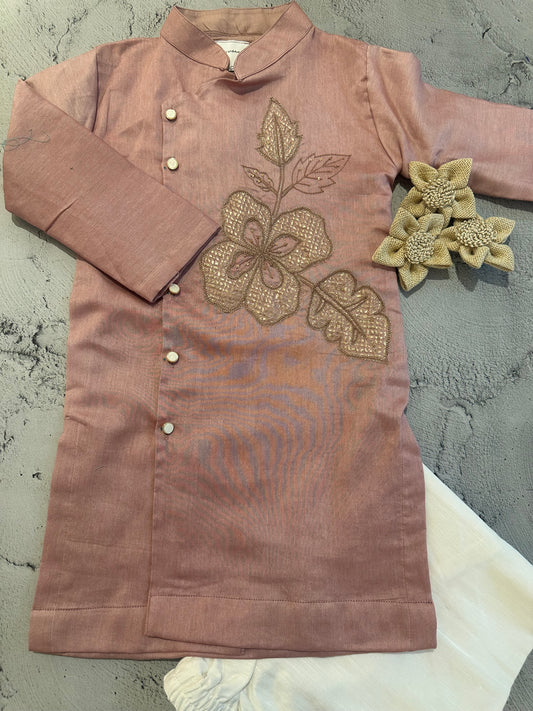 pink brocade appliqué floral kurta set