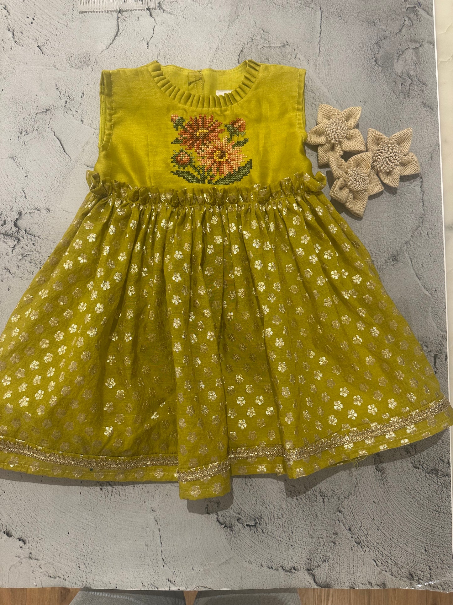 Lime green red floral cross stitch frock