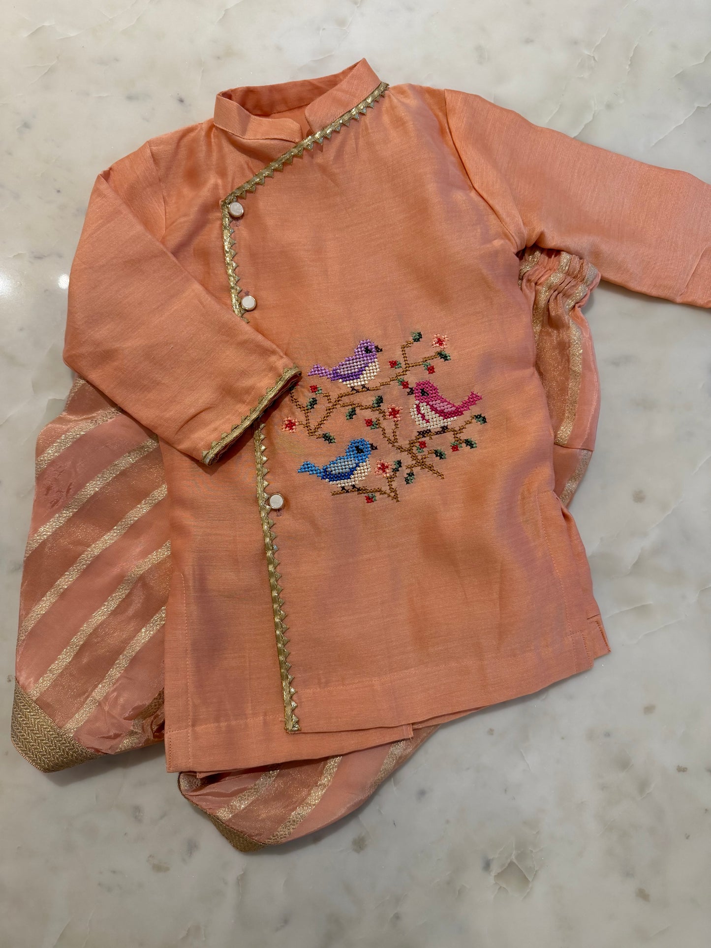 Flock of bird cross stitch kurta set in peach