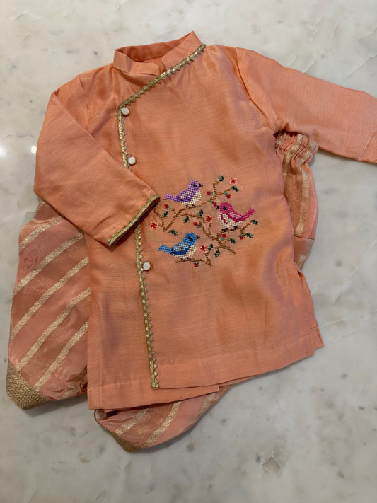 Flock of bird cross stitch kurta set in peach