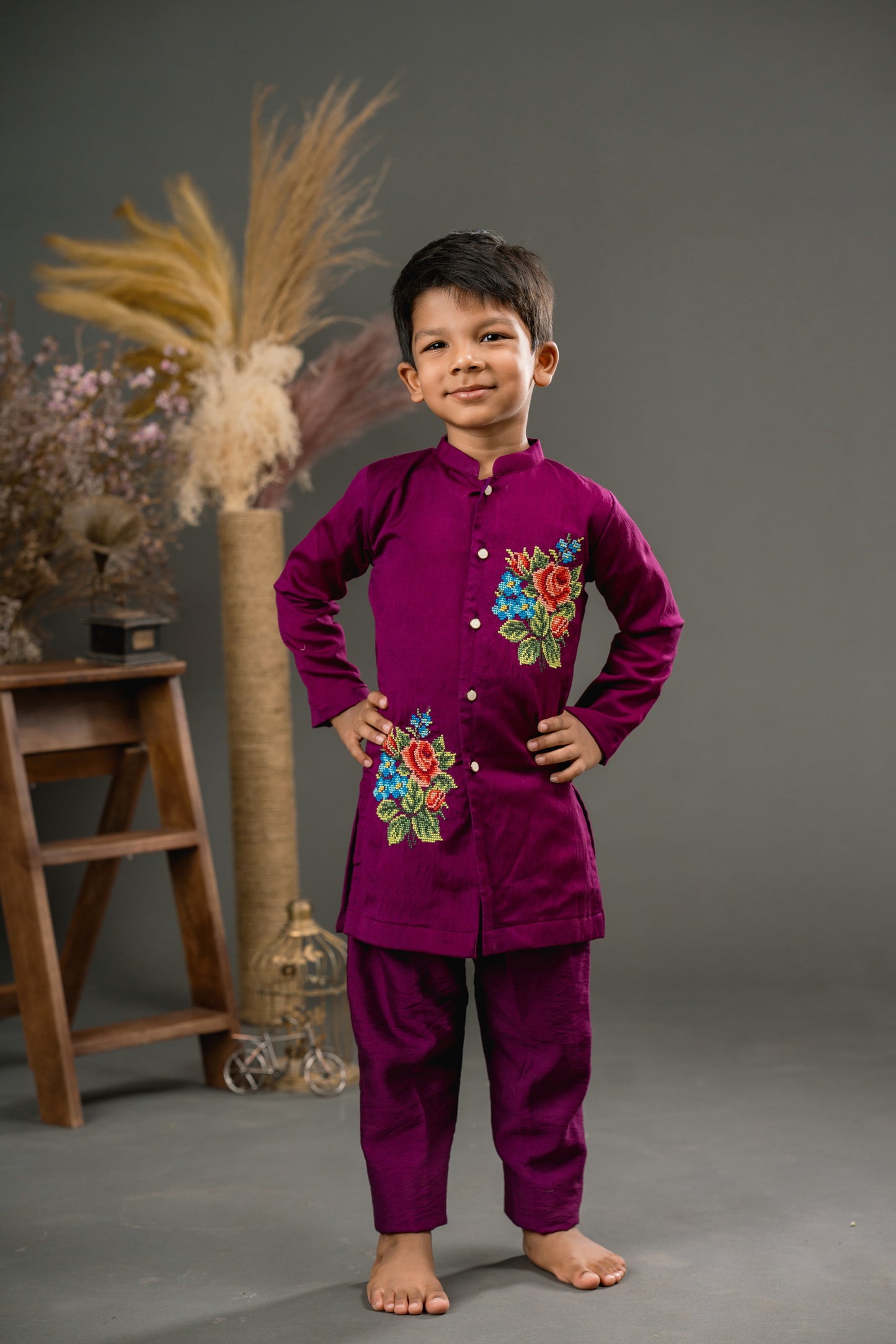 Purple bunch cross stitch kurta set
