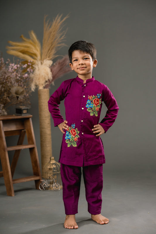 Purple bunch cross stitch kurta set