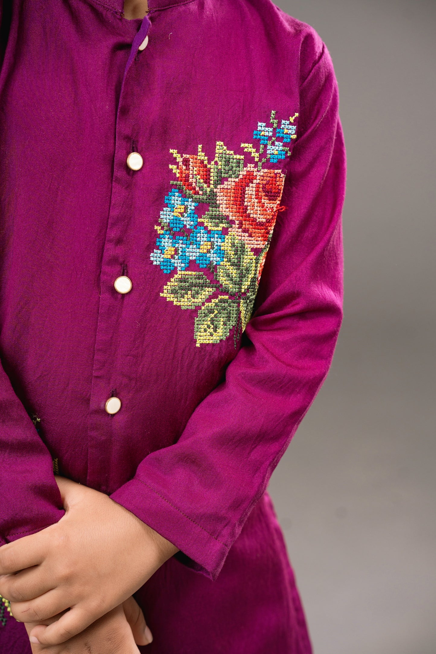 Purple bunch cross stitch kurta set