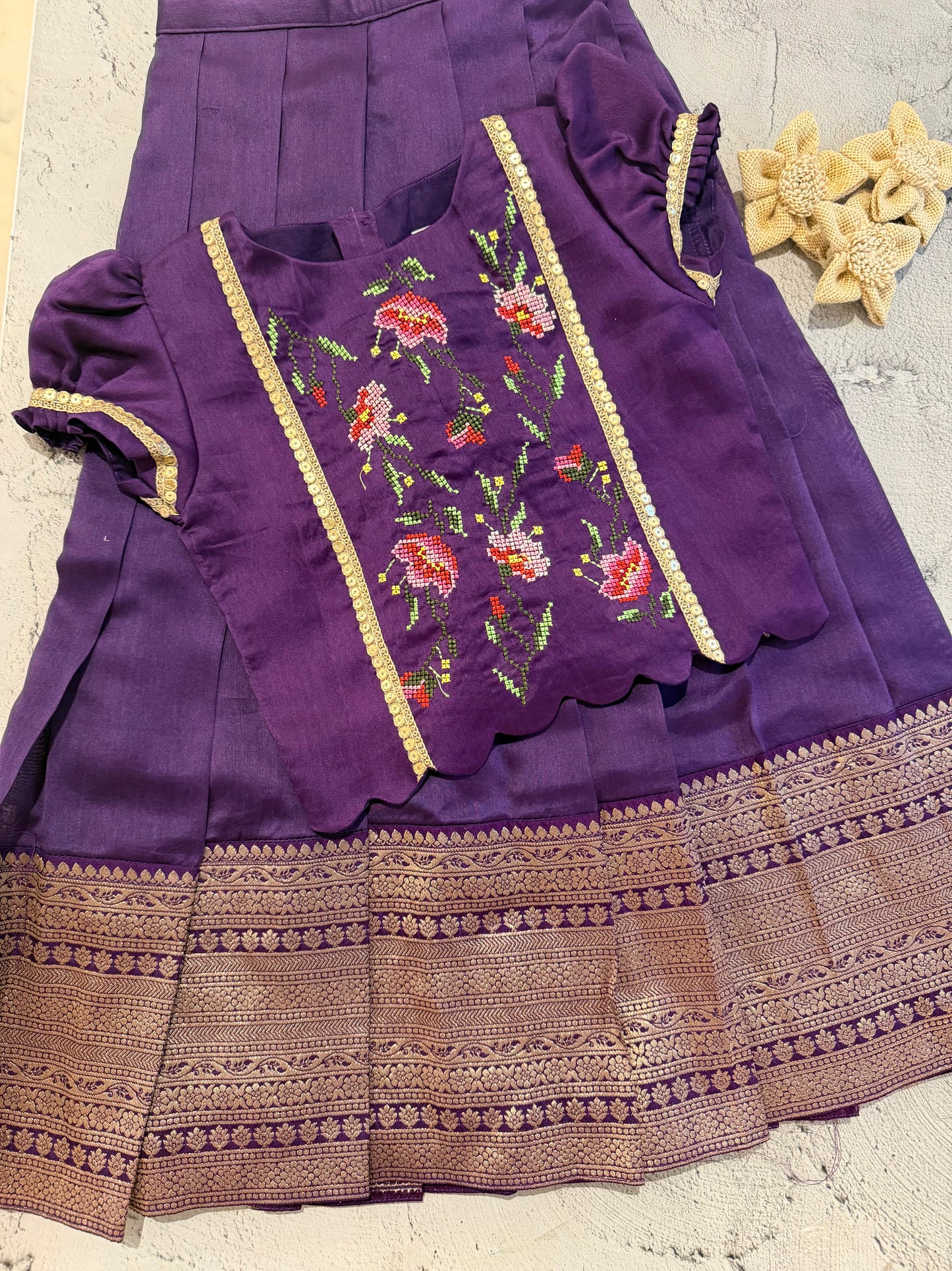 Purple heirloom cross stitch skirt set