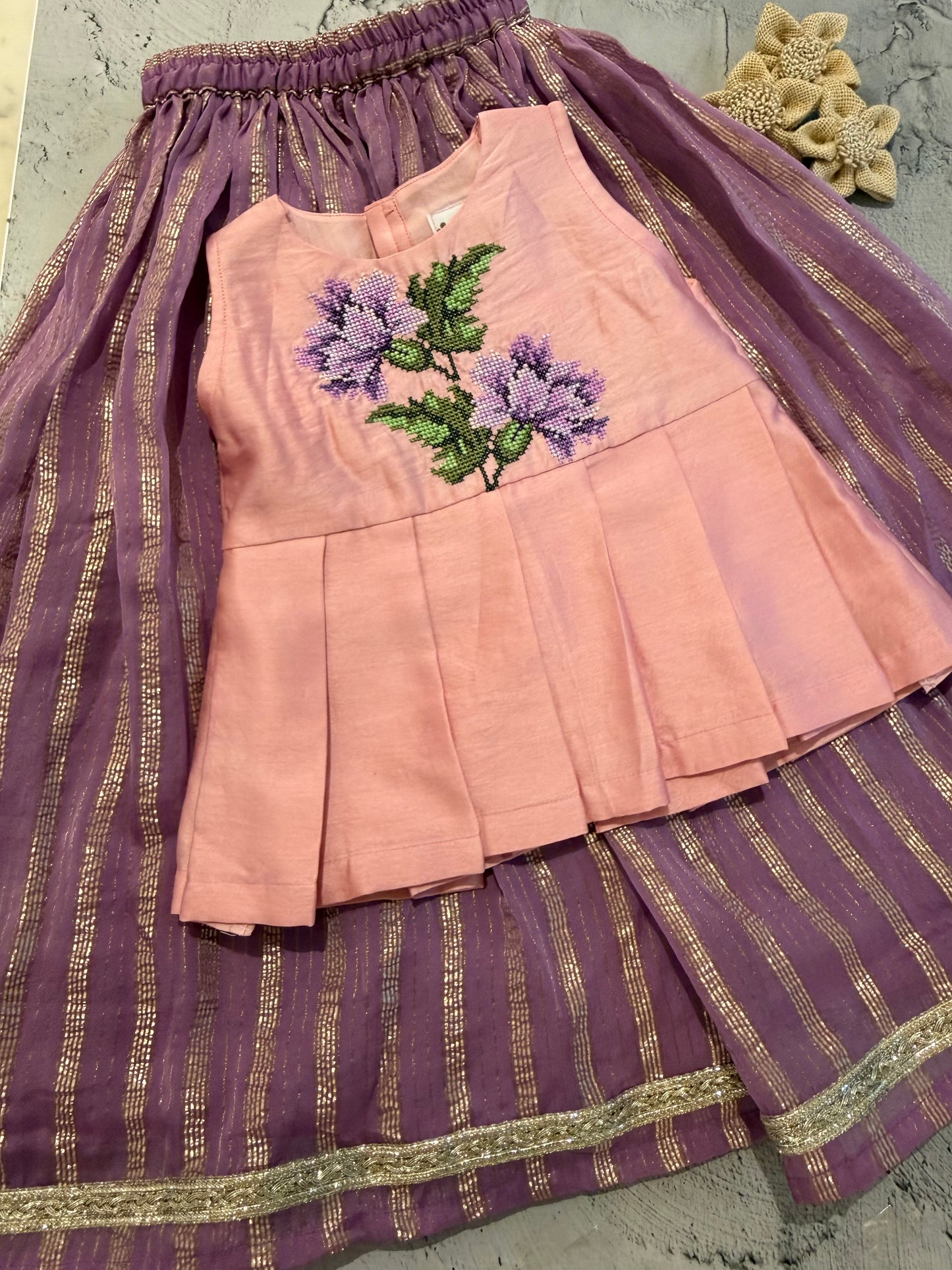 Lilac and pink blossom cross stitch skirt set (4-5 years)