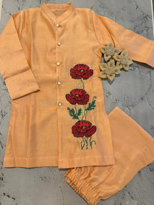 Crimson blossom cross stitch Kurta set