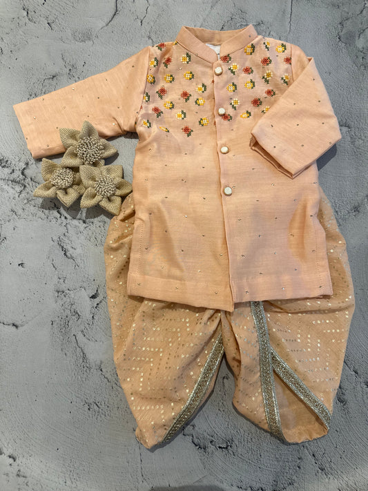 Peach floral cross stitch kurta and dhoti set