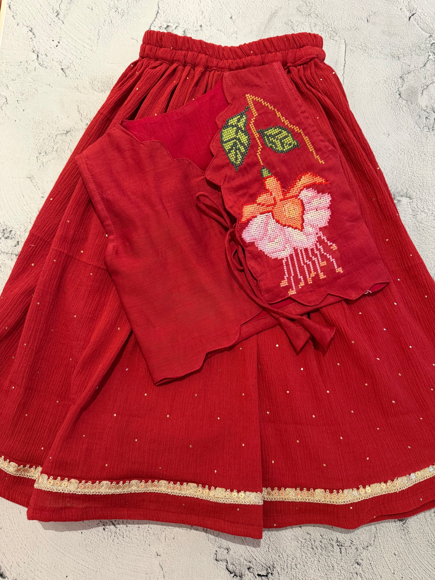 Scarlet bloom cross stitch skirt set (3-4 years)