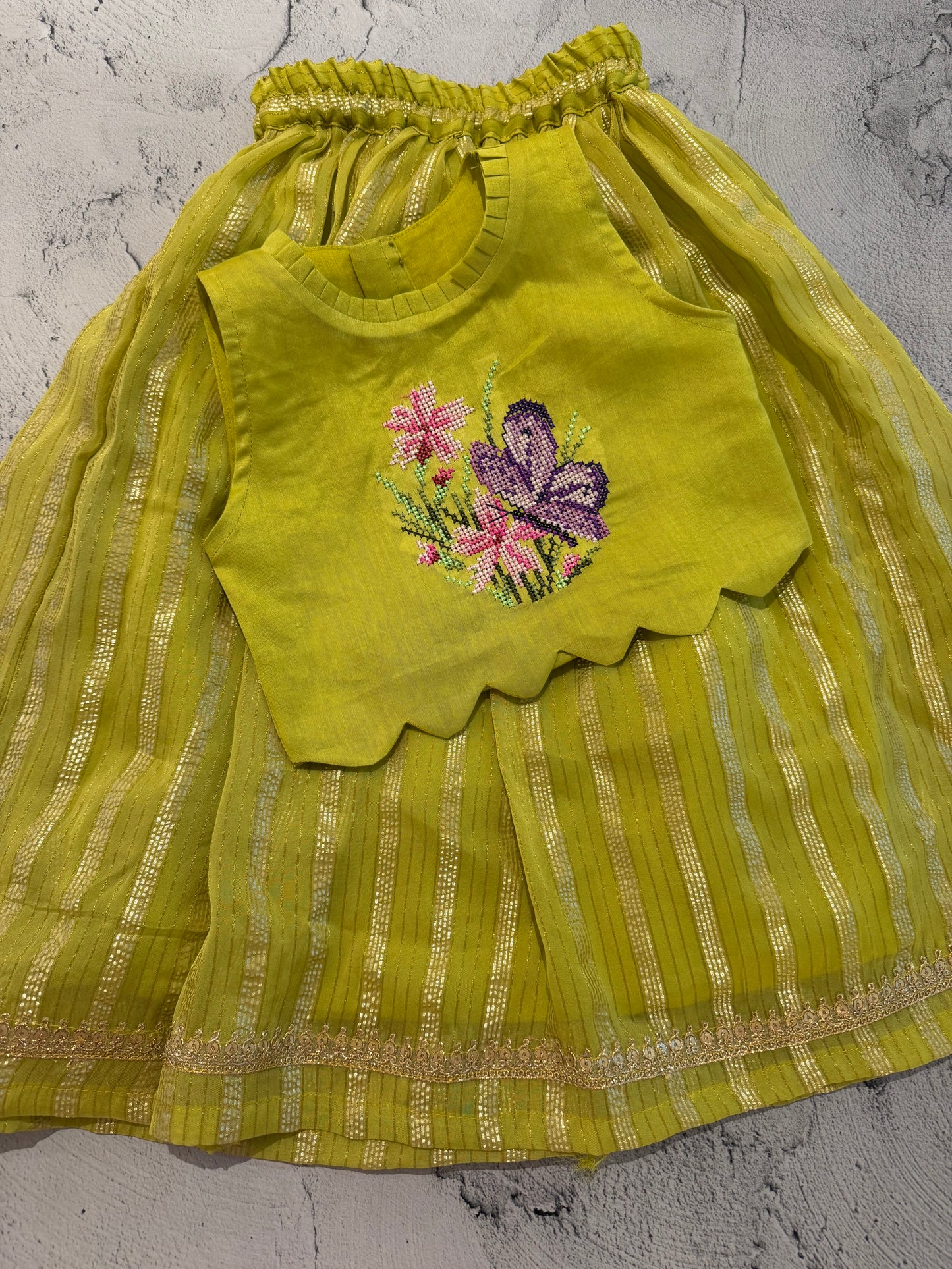 Butterfly cross stitch skirt set in lime green.