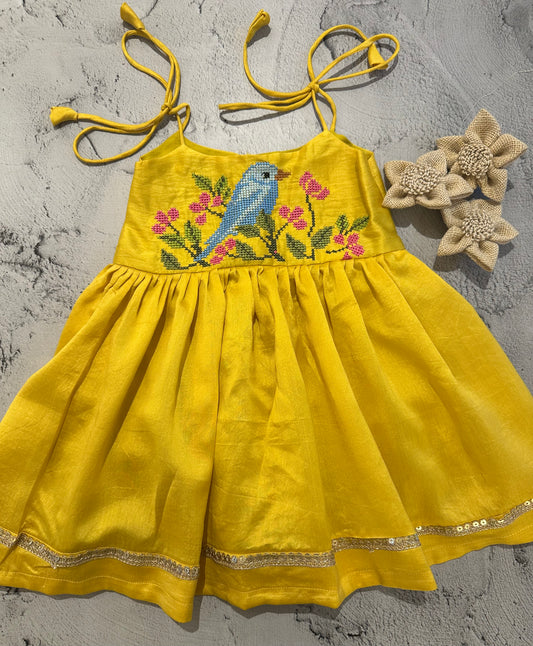Yellow bird cross stitch dress