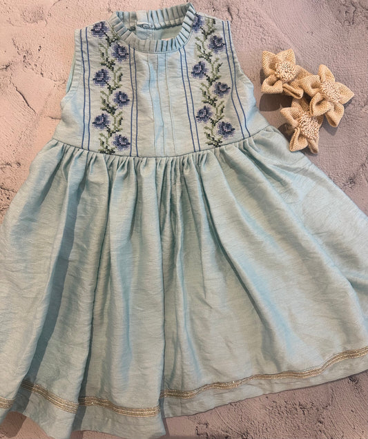 Blue roses cross stitch frill dress