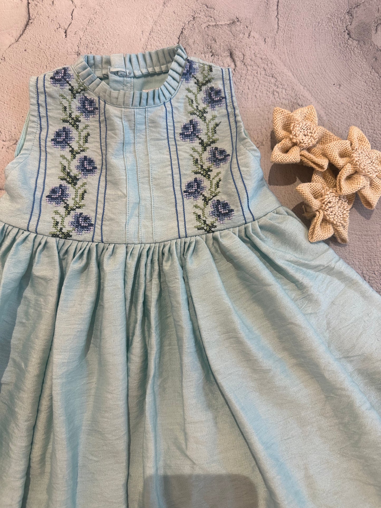 Blue roses cross stitch frill dress