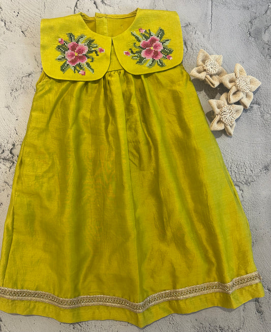 Lime green collar cross stitch frock