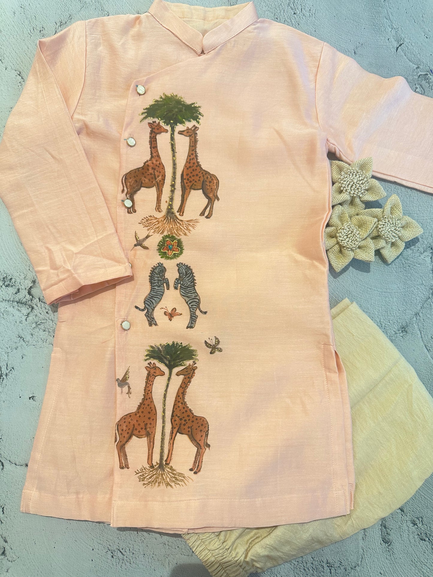 Zebra and giraffe hanpainted kurta set in peach