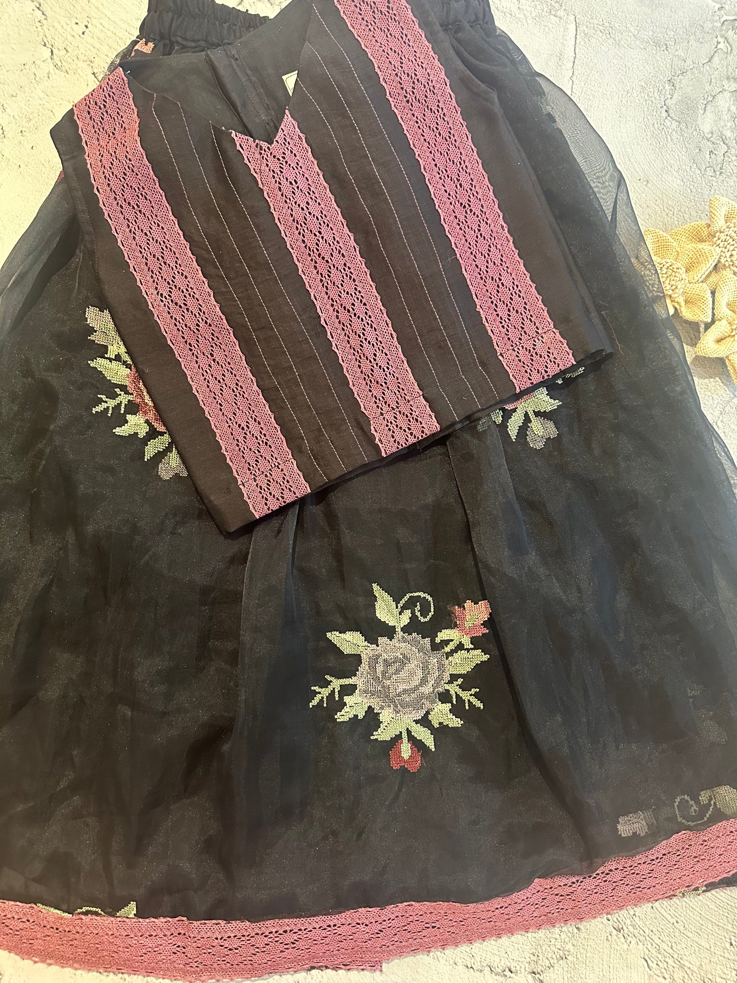 Cross stitch organza skirt set in black