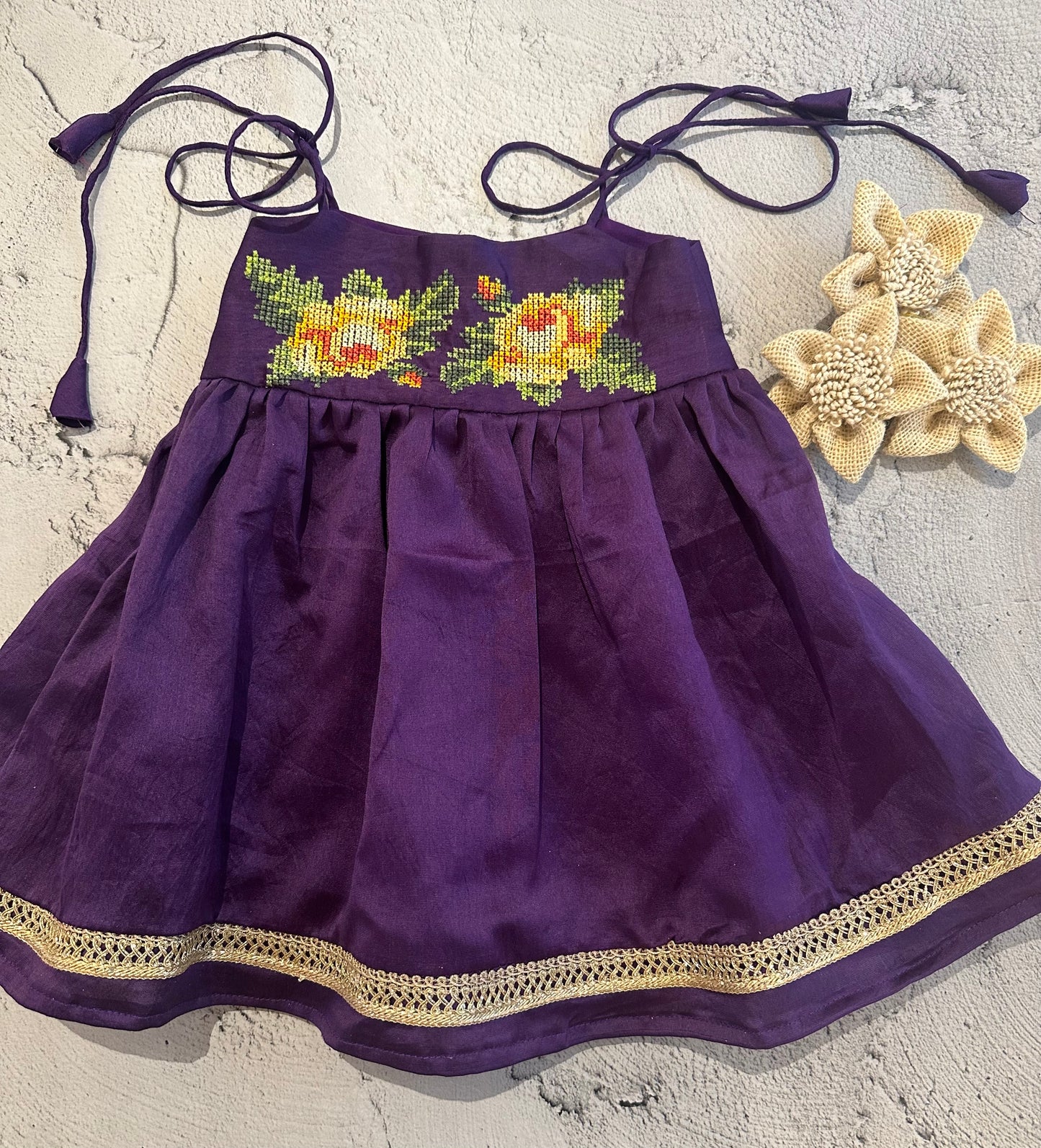 Yellow rose cross stitch tie dress (purple)