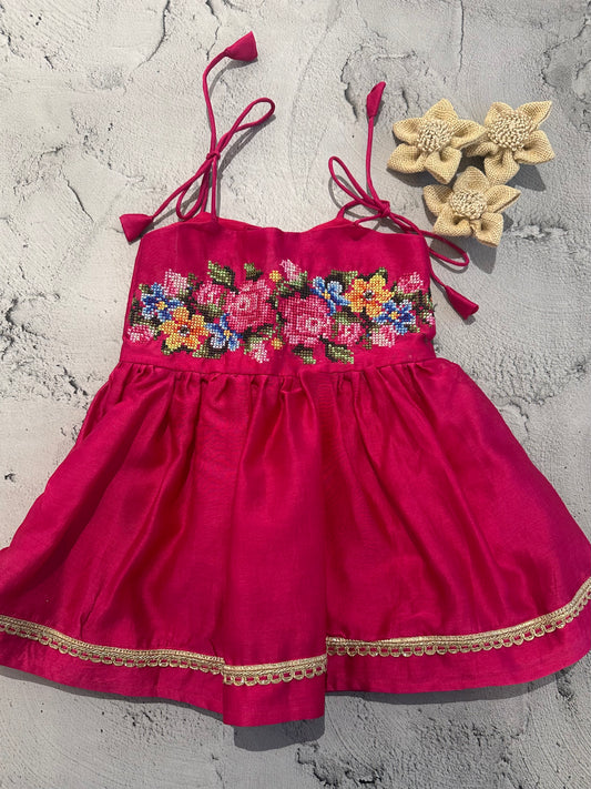 Hot Pink Floral Cross-Stitch Tie Dress