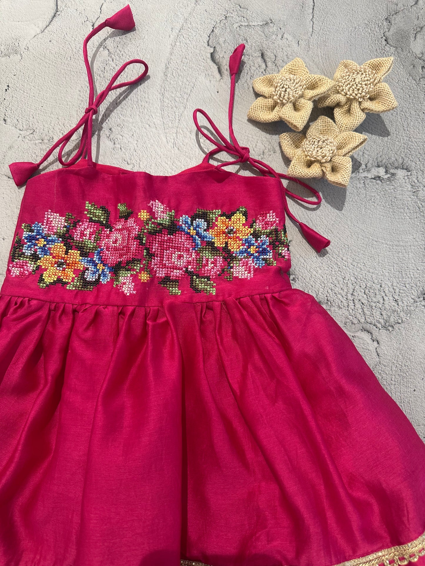 Hot Pink Floral Cross-Stitch Tie Dress