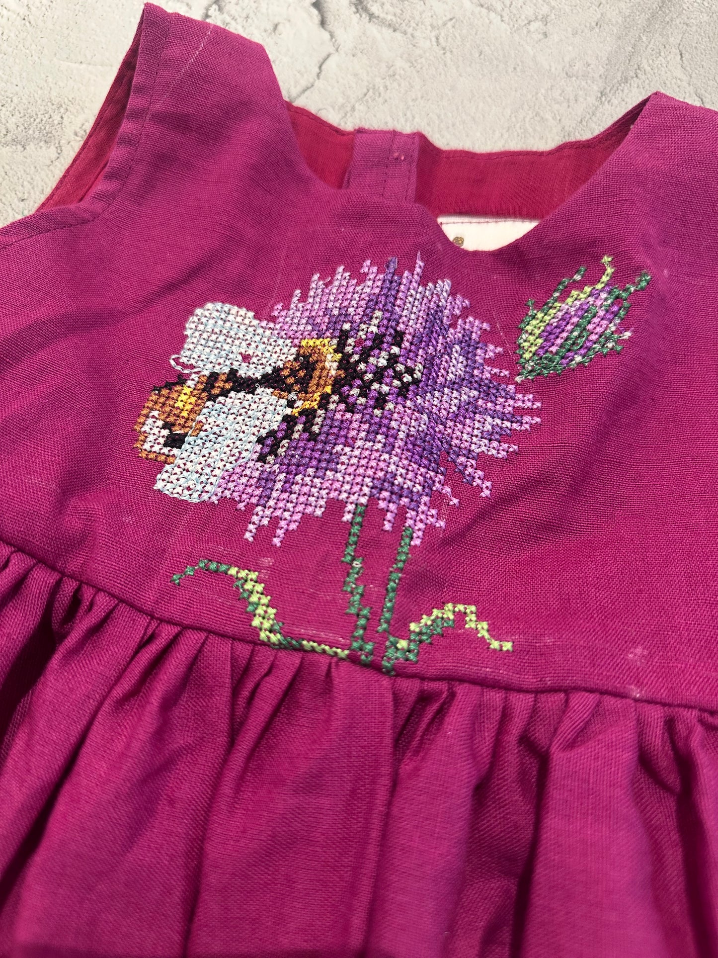 Magenta Pink Floral & Bee Cross-Stitch Frock
